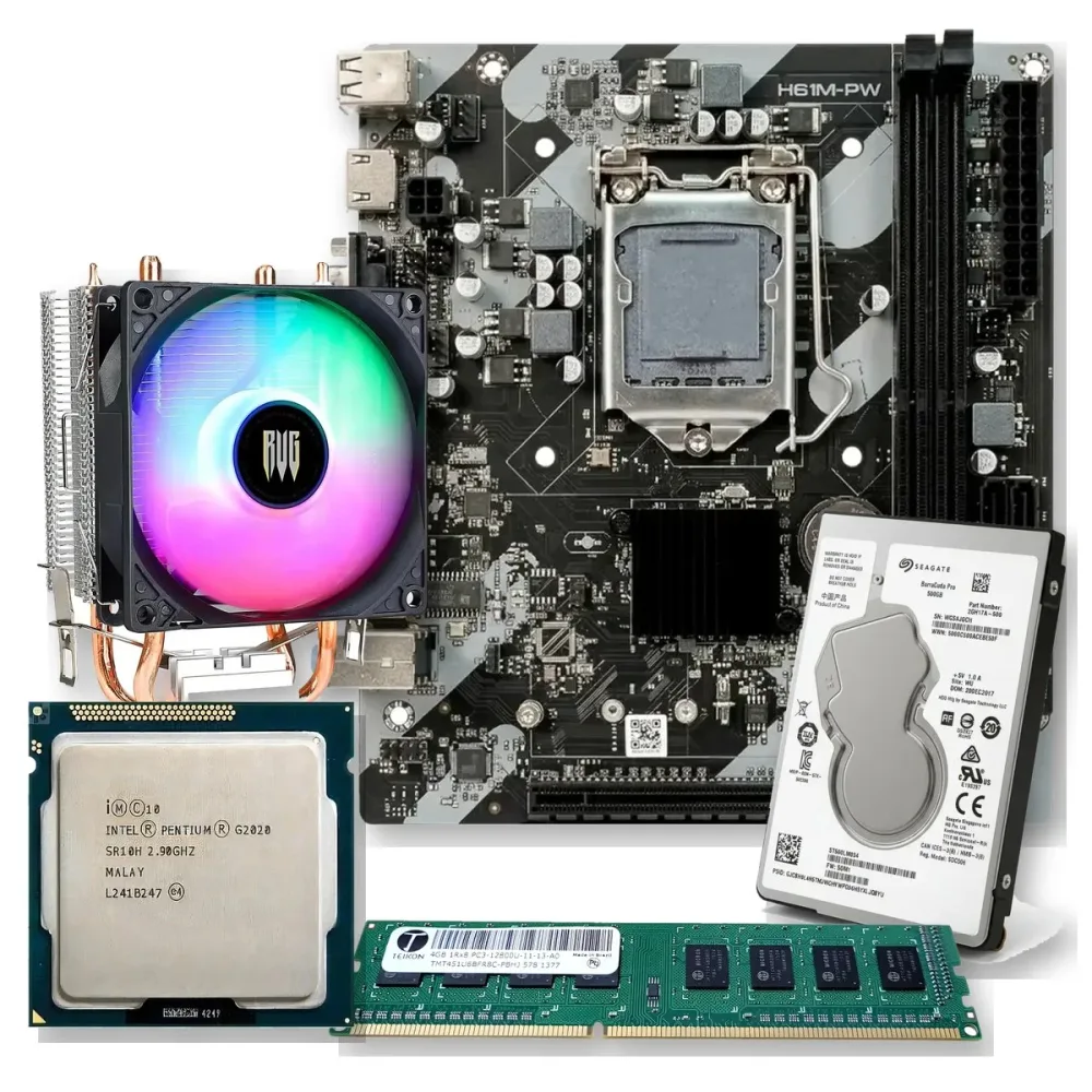 Kit Placa-Mãe H61 + Cooler + 8GB DDR3 + HD 500GB + Pentium G2020